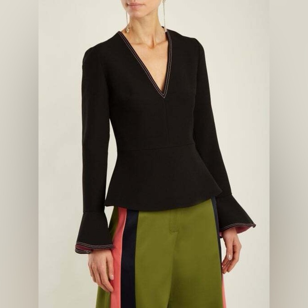 ROKSANDA Prila Black V-Neck Long Sleeve Bell Cuff Pink Stitch Peplum Top